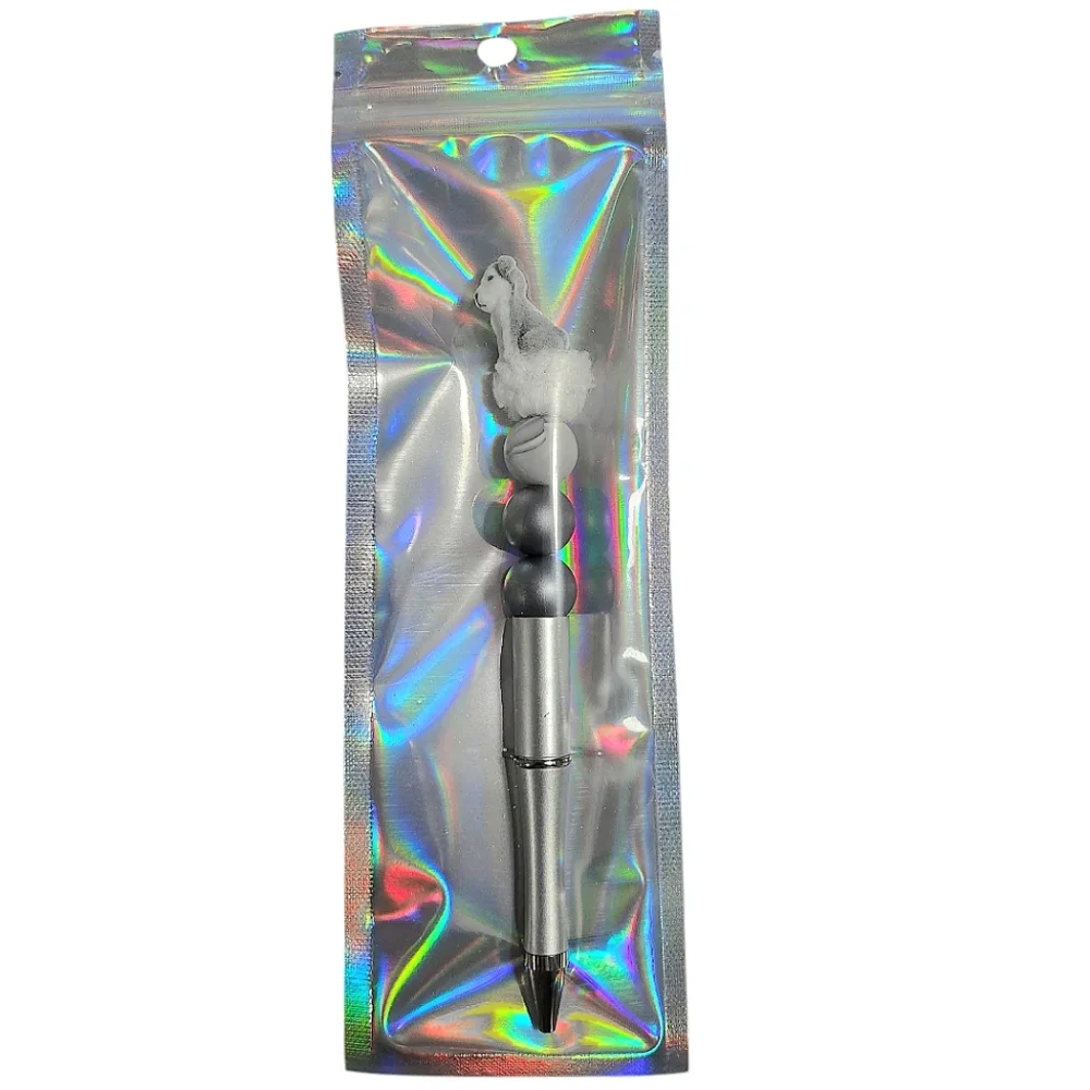 Dog Puppy Beaded Ballpoint Twist Pen Metallic Silver White Topper